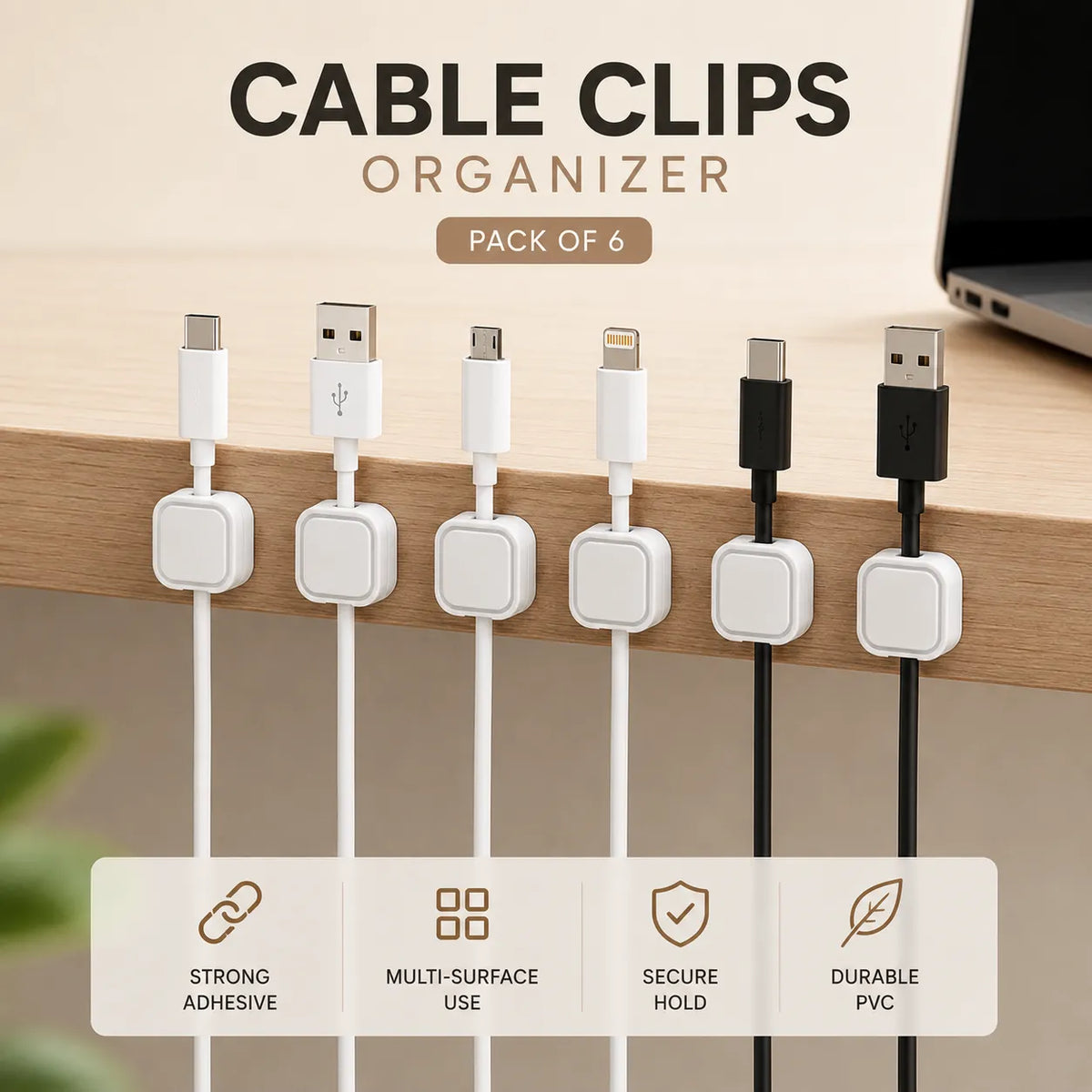 Desk Cable Clips, Set of 6