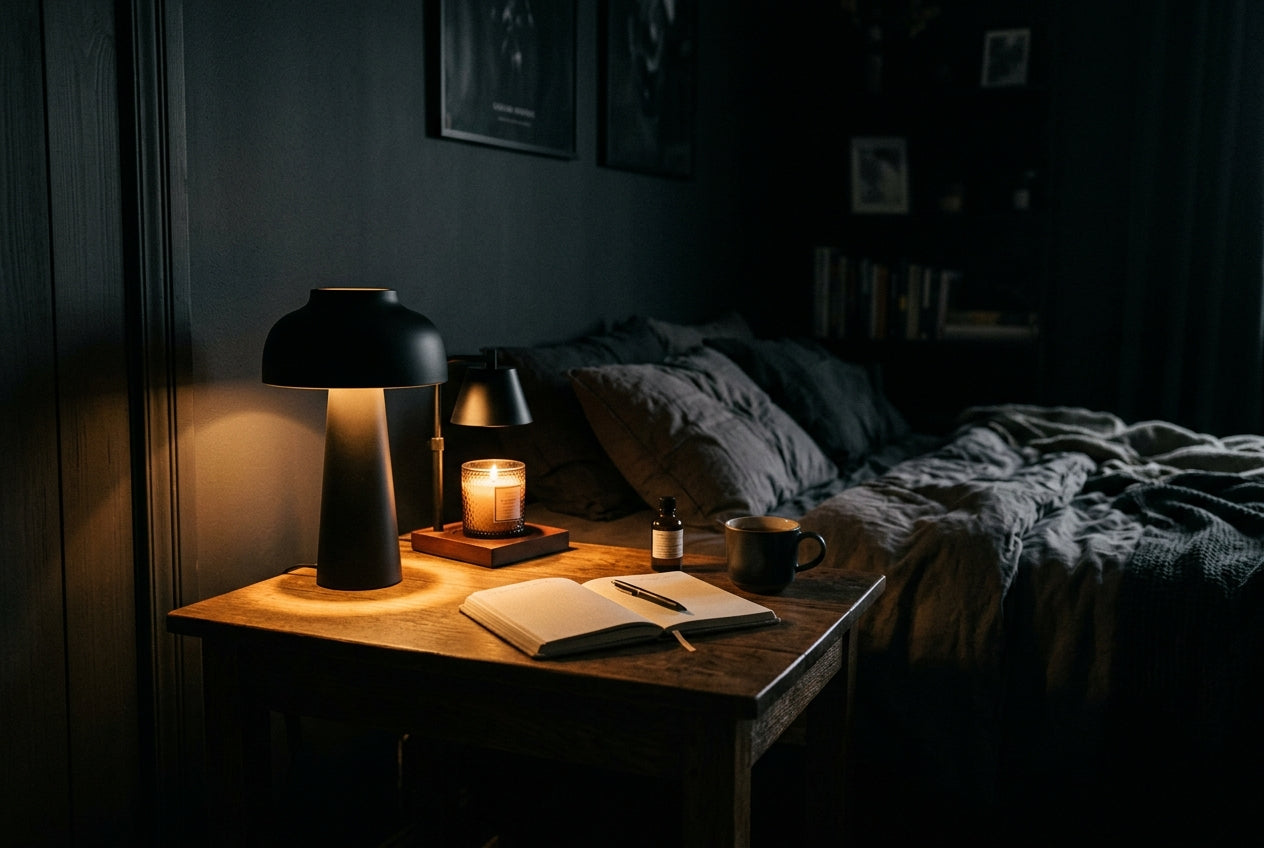 Warm ambient lighting scene with a touch lamp and candle warmer on a bedside table